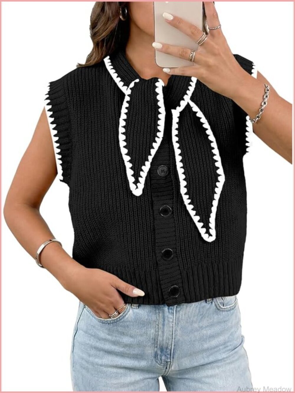 Sleeveless Sweater Vest Tie Front Color Block Button Down Knit Tank